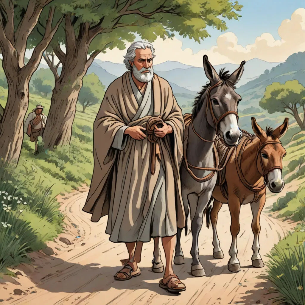 a man standing next to a horse on a dirt road near a forest with trees and a man in a robe, primitivism, a storybook illustration, Edward George Handel Lucas, western comic book art