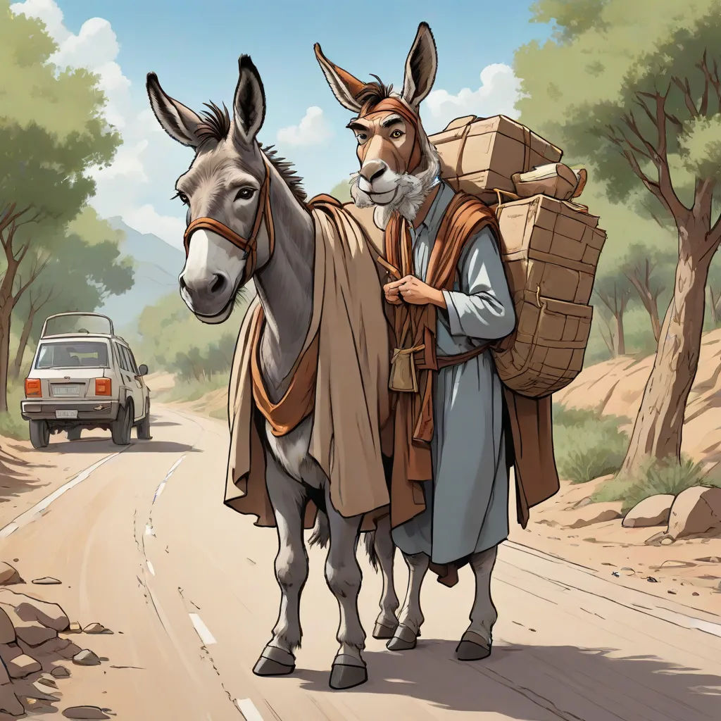 a donkey with a man on it's back walking down a road with a car behind it and a truck behind it, incoherents, a storybook illustration, Brothers Hildebrandt, official art