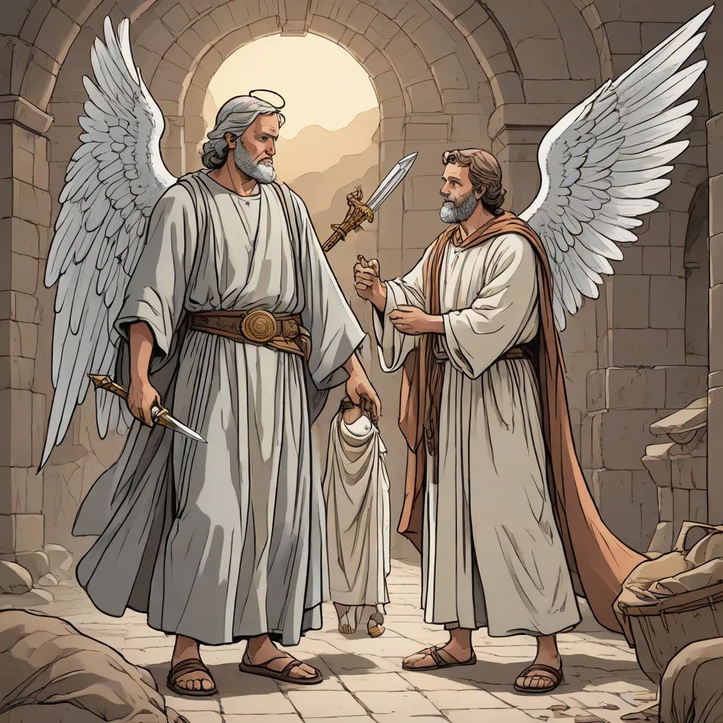 a cartoon of two men with wings and a sword in their hands, one of them is holding a sword, fantasy art, a storybook illustration, Drew Struzan, detailed illustration