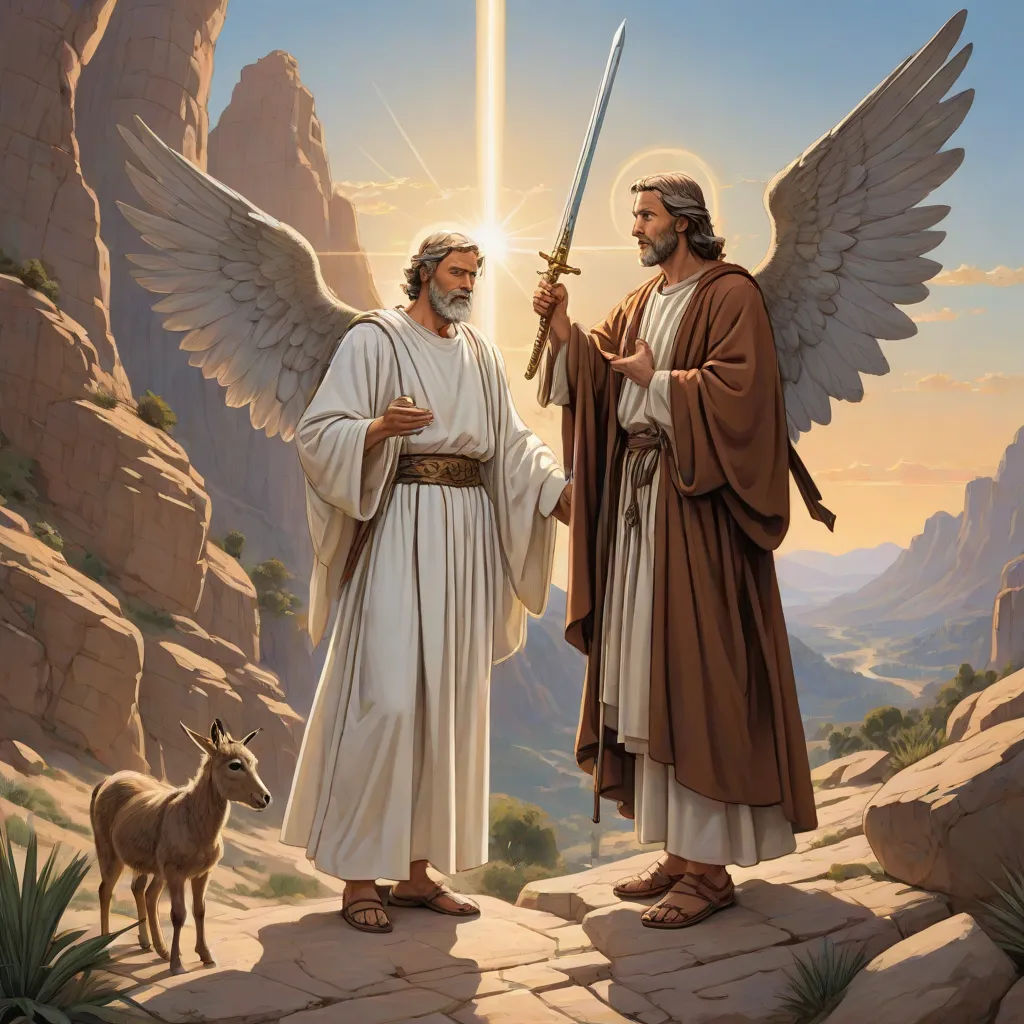 a painting of two men with sword and goat in front of a mountain landscape with rocks and a mountain, fantasy art, a storybook illustration, Brothers Hildebrandt, radiant light