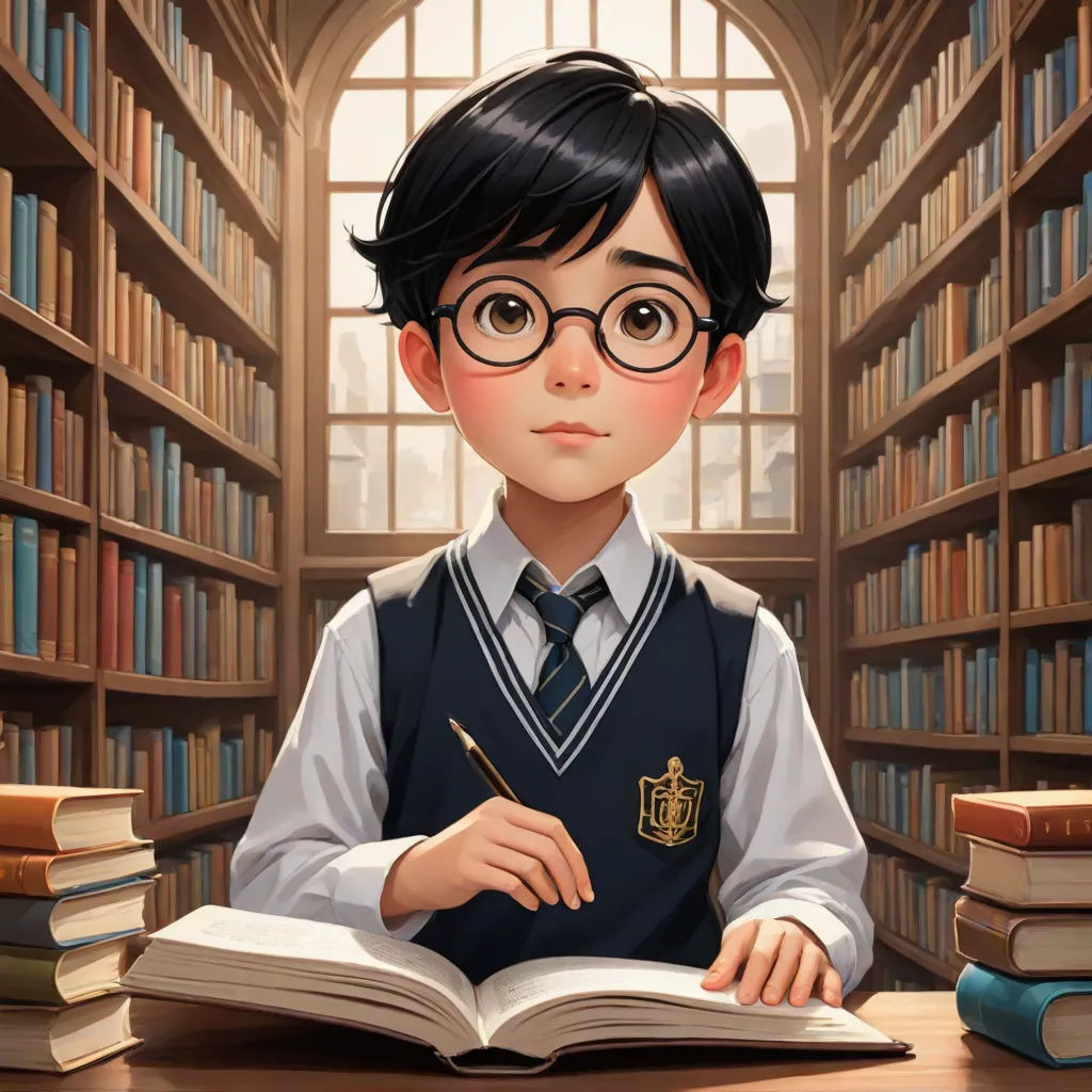 a boy in a library with a book and pen in his hand and a book on the desk in front of him, official art, sots art, a character portrait, Arthur Pan