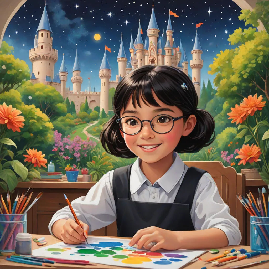 a girl is painting in front of a castle window with a paintbrush and a palette of paint on a table, official art, american scene painting, an ultrafine detailed painting, Aaron Jasinski