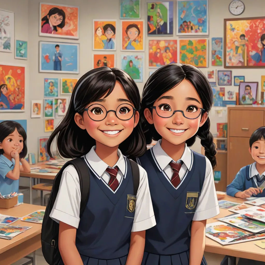 two children in school uniforms standing in front of a classroom full of children with books and magazines on the desks, official art, photorealism, a storybook illustration, Artgerm
