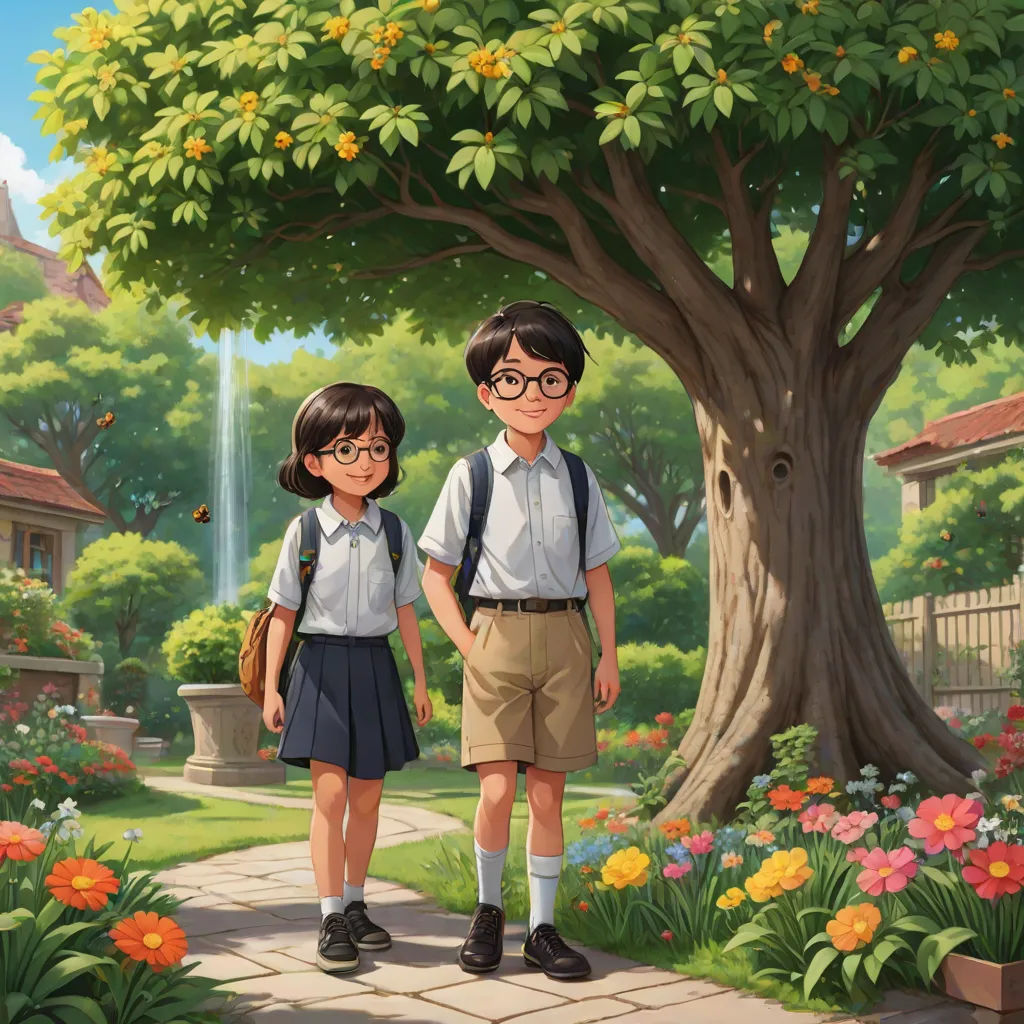 a painting of two children standing in front of a tree and flowers with a fountain in the background and a building in the background, official art, american scene painting, a detailed matte painting, Brothers Hildebrandt