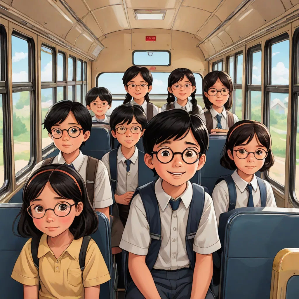 a group of children sitting on a bus together with their teacher in front of them and a third boy in the back, yukito kishiro, serial art, a detailed painting, Akira Toriyama