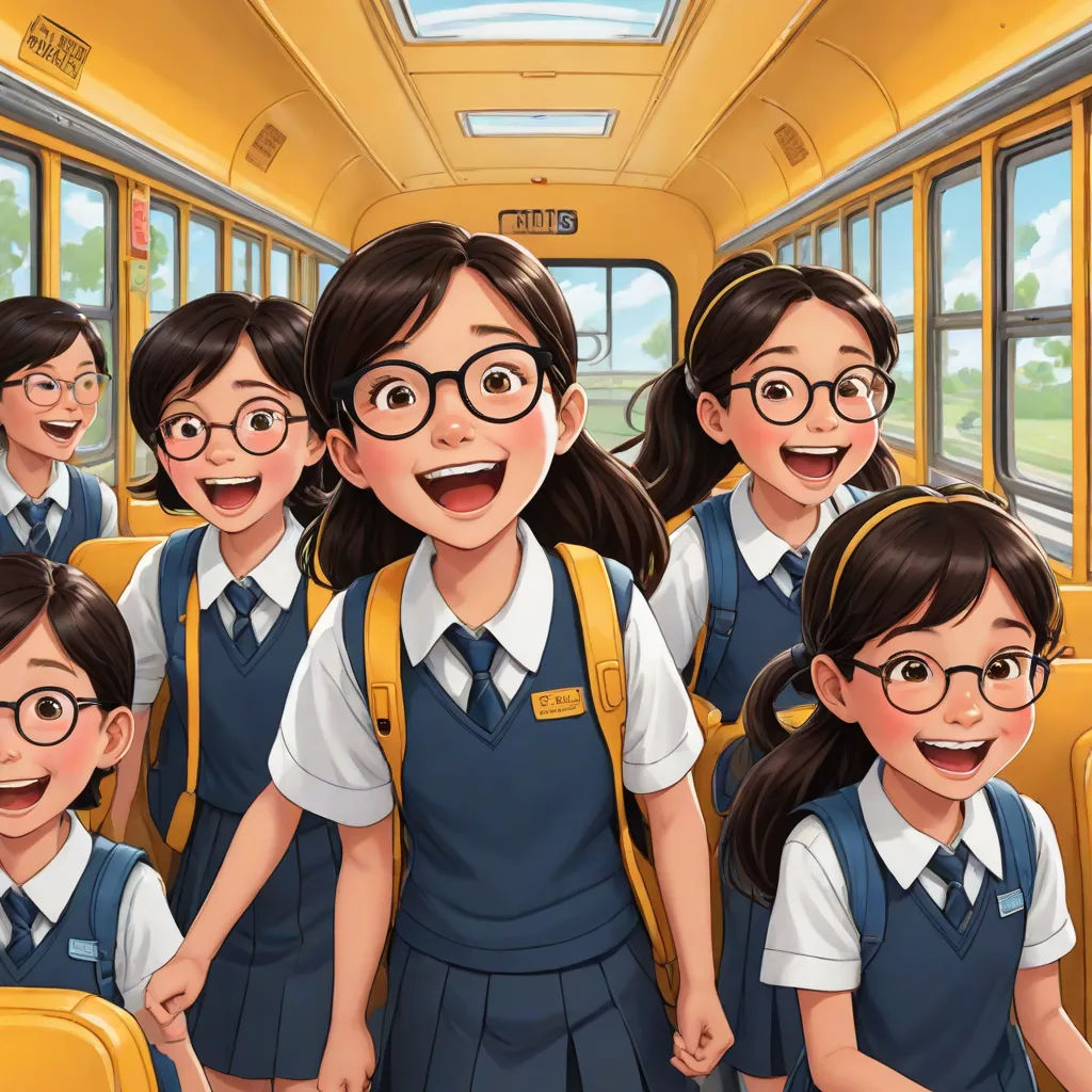 a group of girls in school uniforms standing on a bus together and smiling at the camera with their mouths open, official art, serial art, a comic book panel, Choi Buk