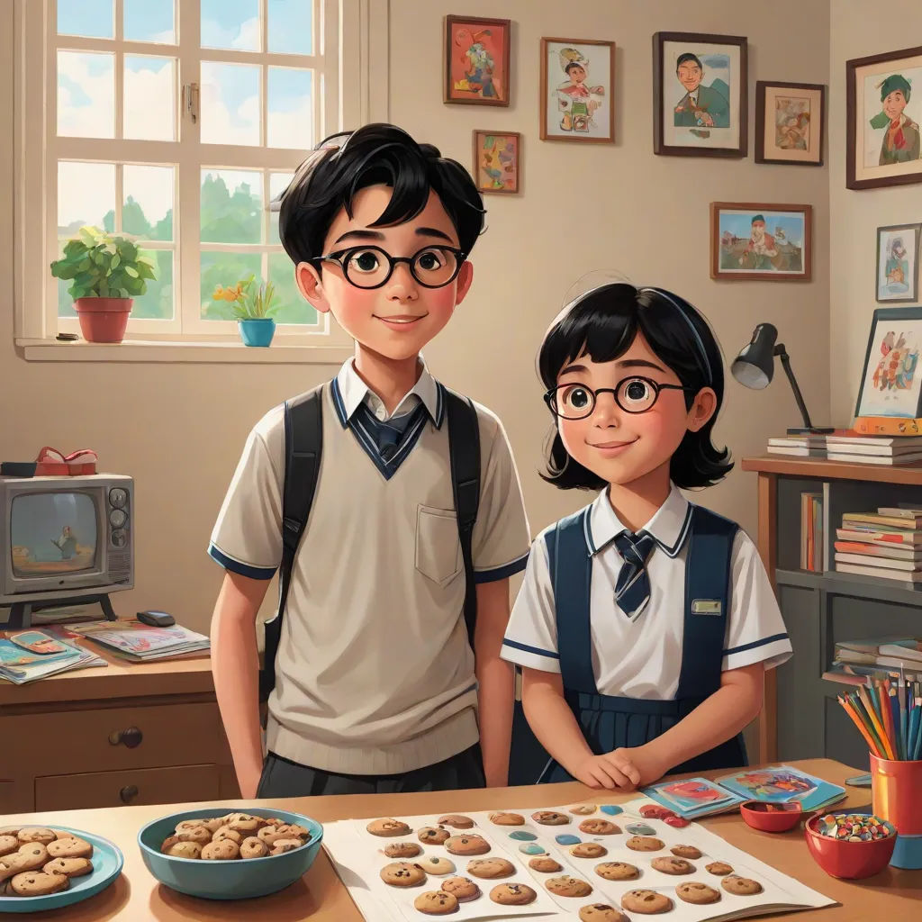 a couple of kids standing next to a table with cookies on it and a bowl of cookies on the table, official art, american scene painting, an oil painting, Chris LaBrooy