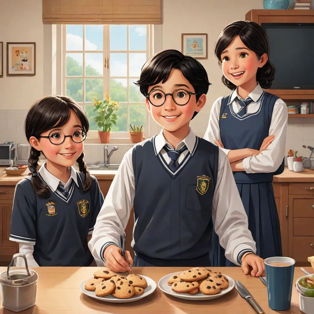 a painting of three children standing in front of a table with cookies and coffee in front of them and a woman standing behind them, official art, photorealism, a storybook illustration, Colin Middleton