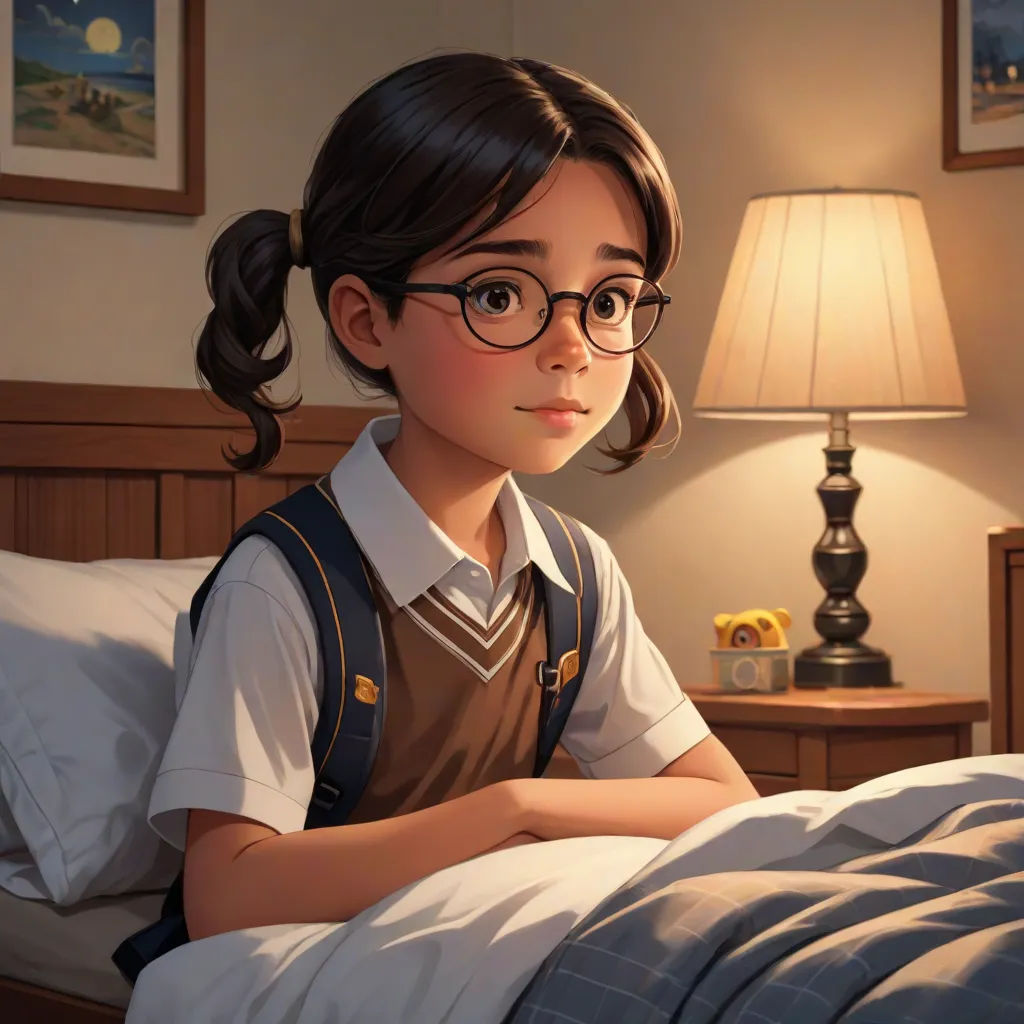a girl with glasses sitting on a bed in a room with a lamp on the side of the bed, stanley artgerm lau, american scene painting, a storybook illustration, Alejandro Burdisio