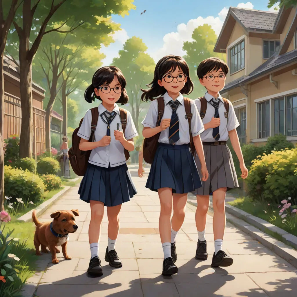 a painting of three girls in school uniforms walking down a sidewalk with a dog nearby on a sunny day, official art, american scene painting, a storybook illustration, Brothers Hildebrandt