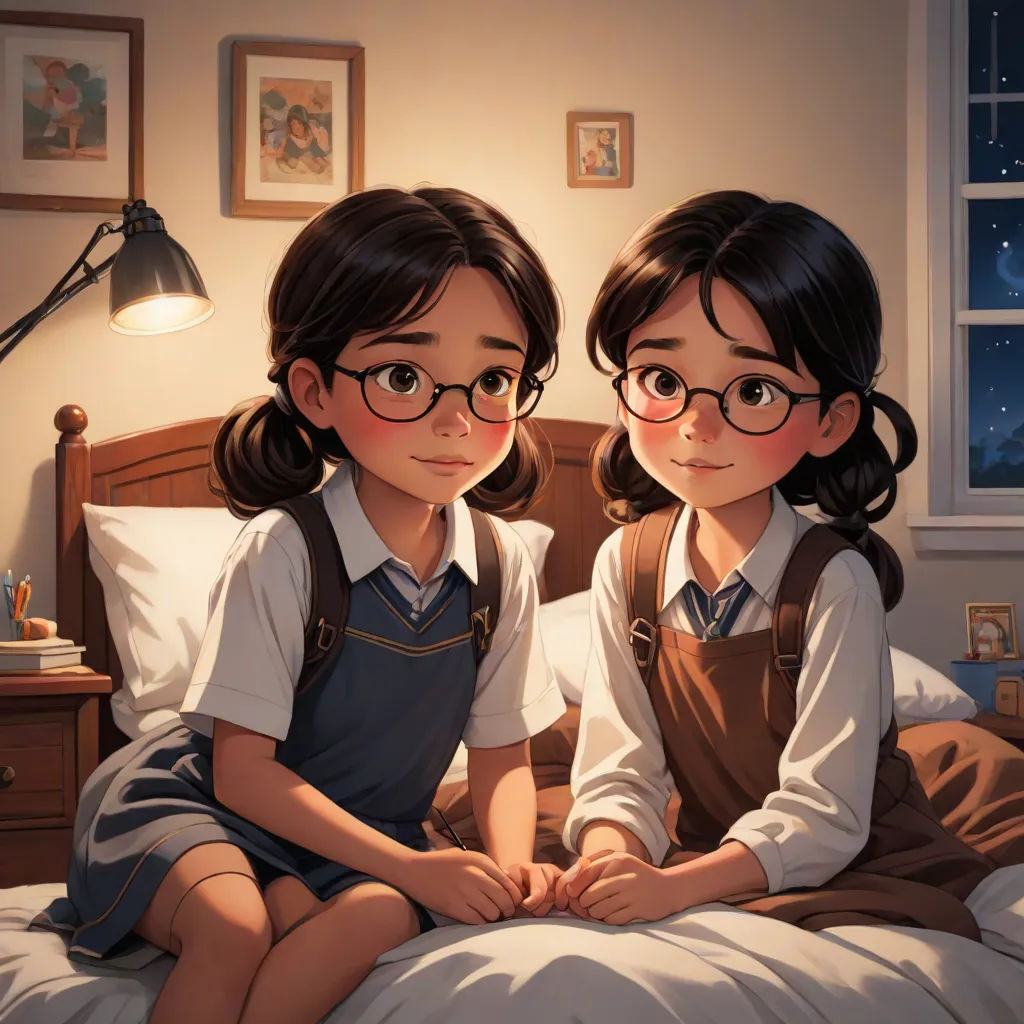 two girls sitting on a bed with a lamp on the side of the bed and a window in the background, stanley artgerm lau, photorealism, a storybook illustration, Artgerm