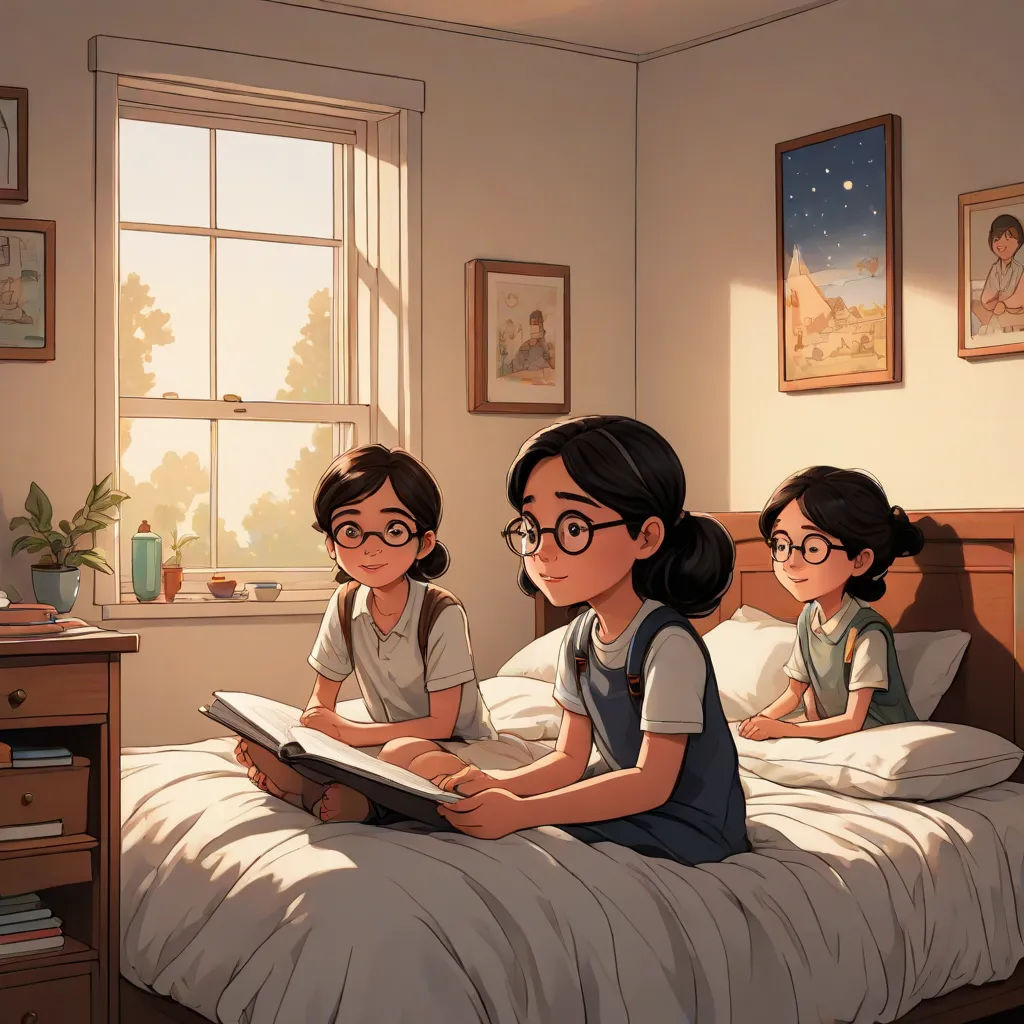 a couple of kids sitting on top of a bed in a bedroom next to a window with a book, official art, american scene painting, a storybook illustration, Atey Ghailan