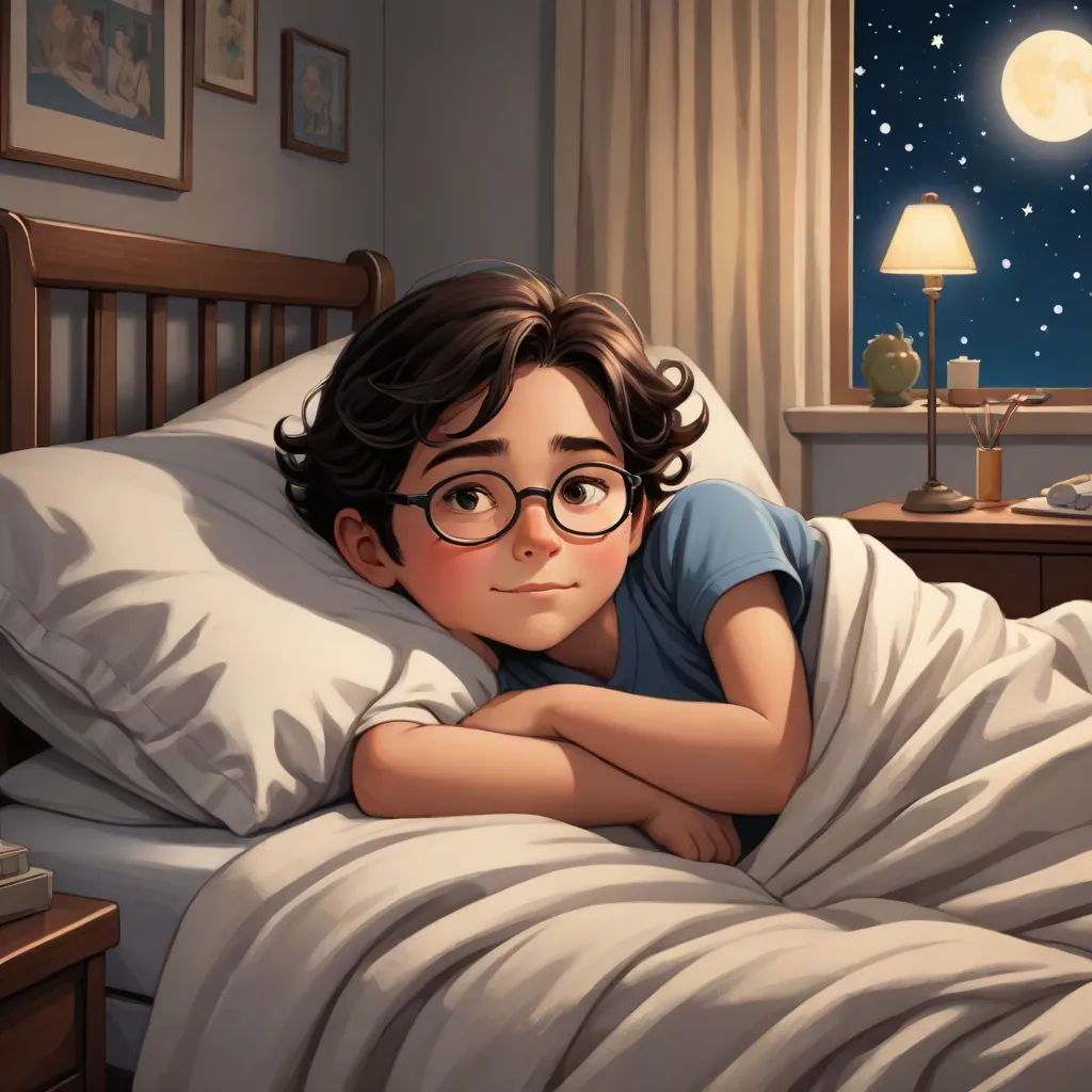a boy laying in bed with a blanket on his head and a night sky with stars and moon in the background, official art, magical realism, a storybook illustration, Aaron Jasinski