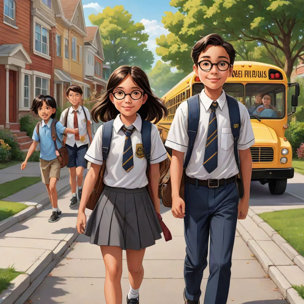 a painting of a school girl and boy walking down a sidewalk with a school bus in the background and a school bus in the foreground, official art, vancouver school, poster art, Brothers Hildebrandt