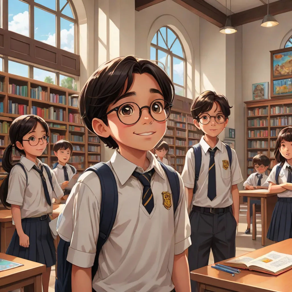 a group of children in a library with bookshelves and a boy in a school uniform with glasses, cushart krenz, paris school, a storybook illustration, Chen Hong