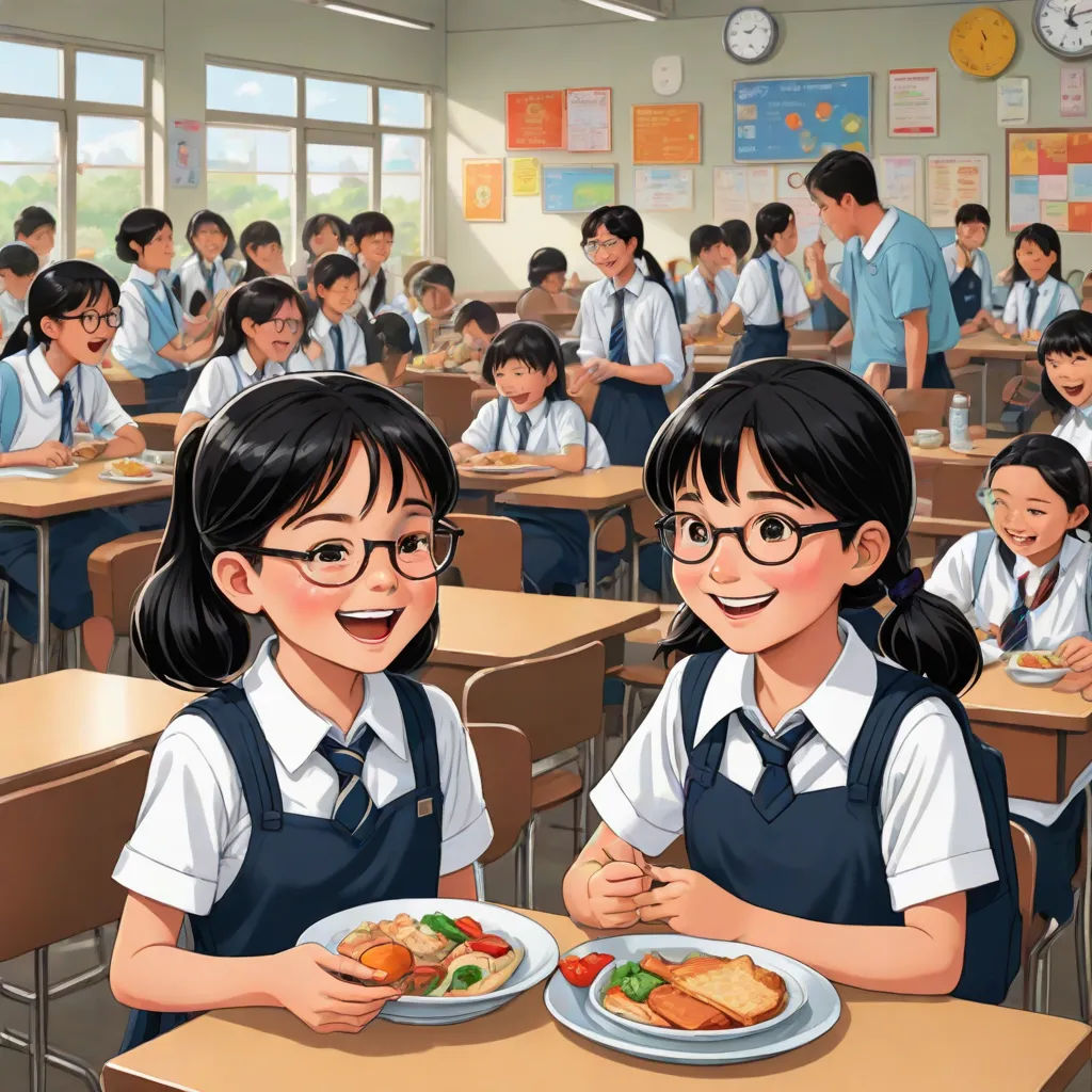 a couple of girls sitting at a table with plates of food in front of them in a classroom full of people, official art, american scene painting, a comic book panel, Choi Buk