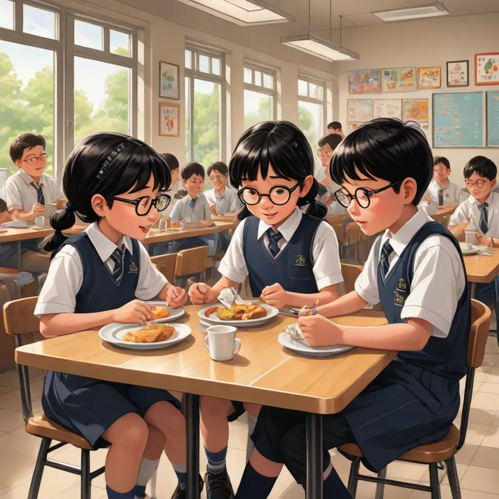 a painting of two children eating at a table in a classroom with other children sitting at desks and looking at the camera, official art, american scene painting, an oil painting, Brothers Hildebrandt