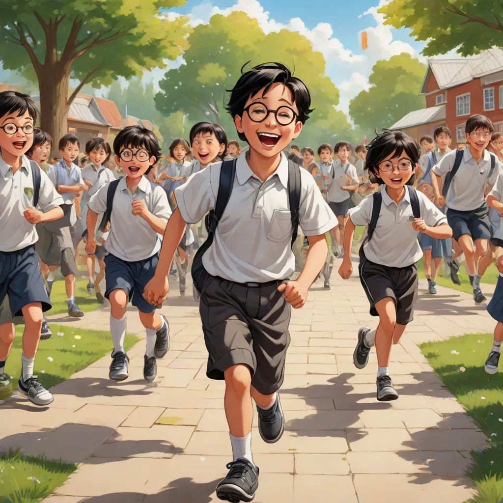 a group of children running down a sidewalk in front of a school building with a boy in a white shirt, official art, magical realism, a storybook illustration, Choi Buk