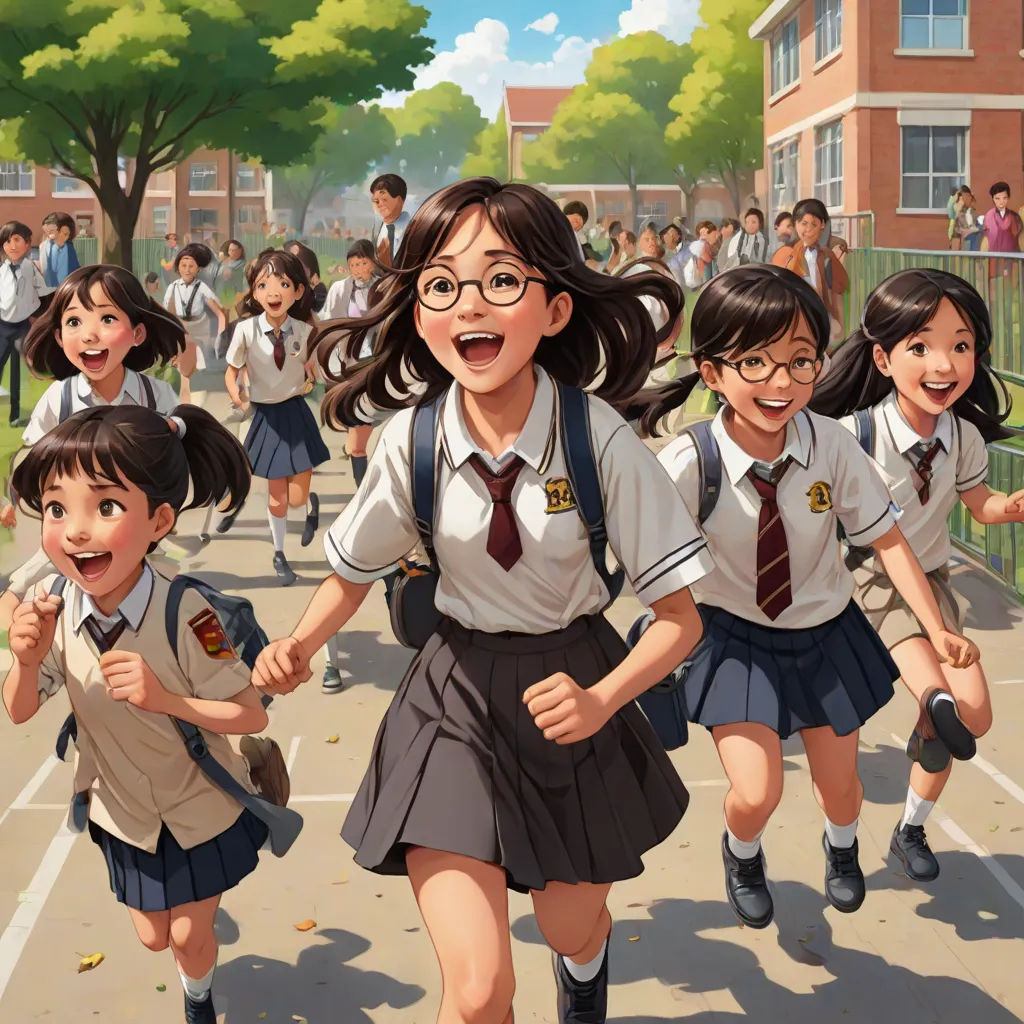 a group of children running across a street in school uniforms and holding hands in the air with a group of children in the background, cushart krenz, american scene painting, a storybook illustration, Choi Buk