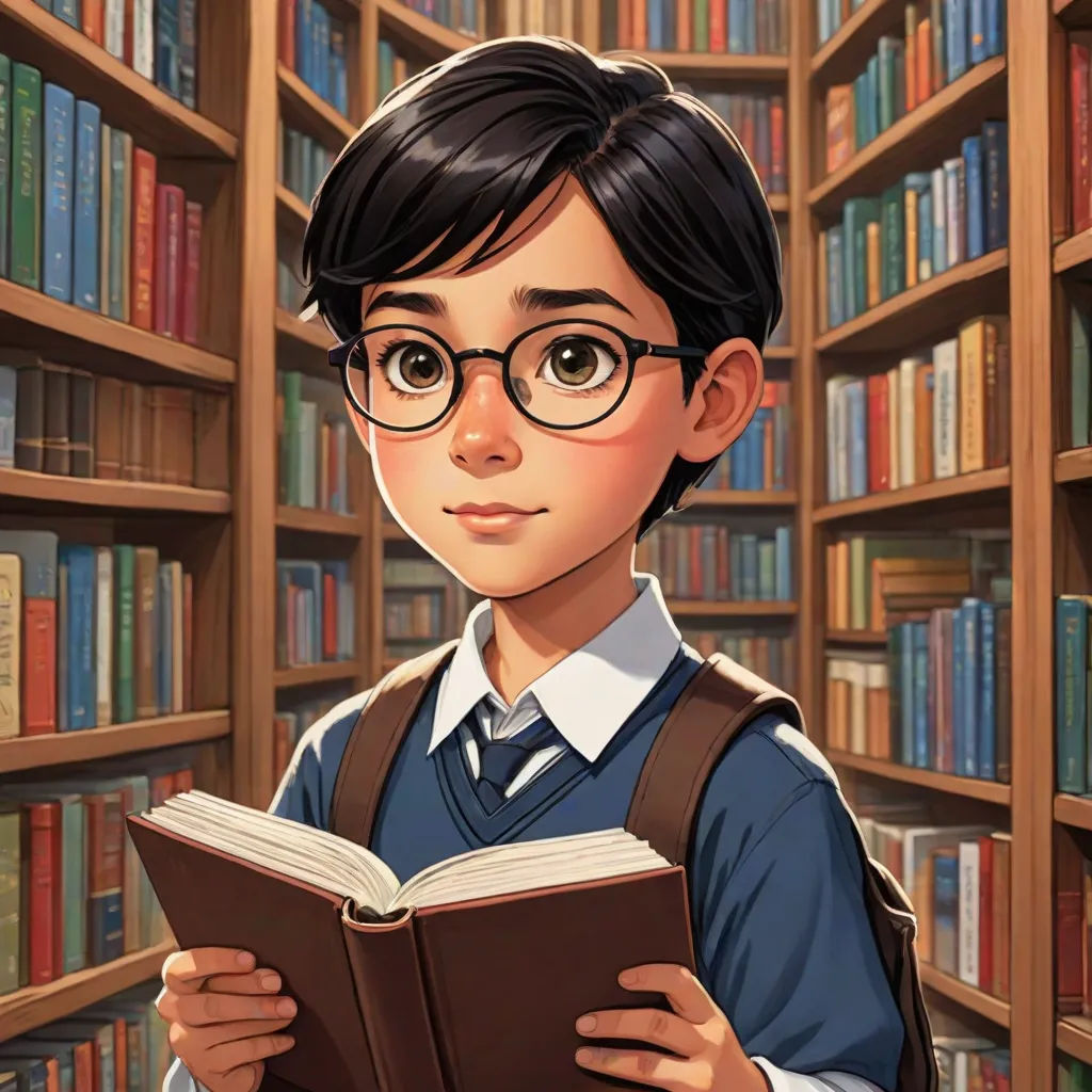 a boy in a library reading a book with glasses on his head and a book in his hands, with a bookcase full of books behind him, official art, sots art, a character portrait, Diego Gisbert Llorens