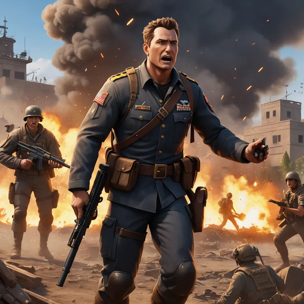 a man in a uniform is standing in front of a group of soldiers and a fireball in the background, sots art, concept art, Erlund Hudson, war