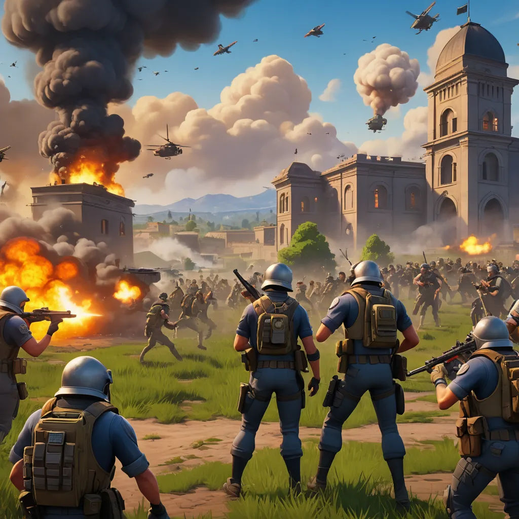 a group of soldiers in a field with a bunch of guns in front of a building with a lot of smoke, serial art, concept art, Chris LaBrooy, game art