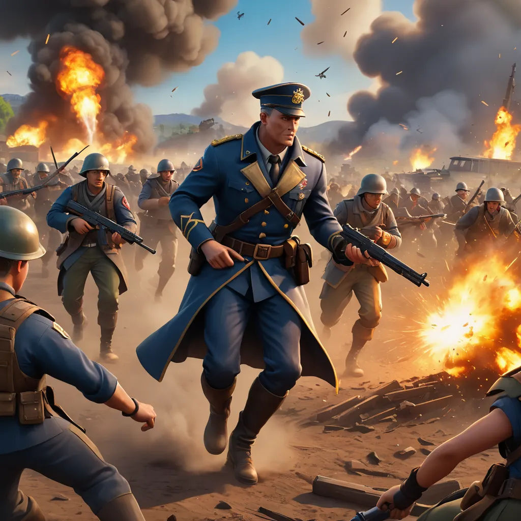 a painting of a group of men in uniforms and weapons running through a field with flames coming out of them, sots art, concept art, Chris LaBrooy, war