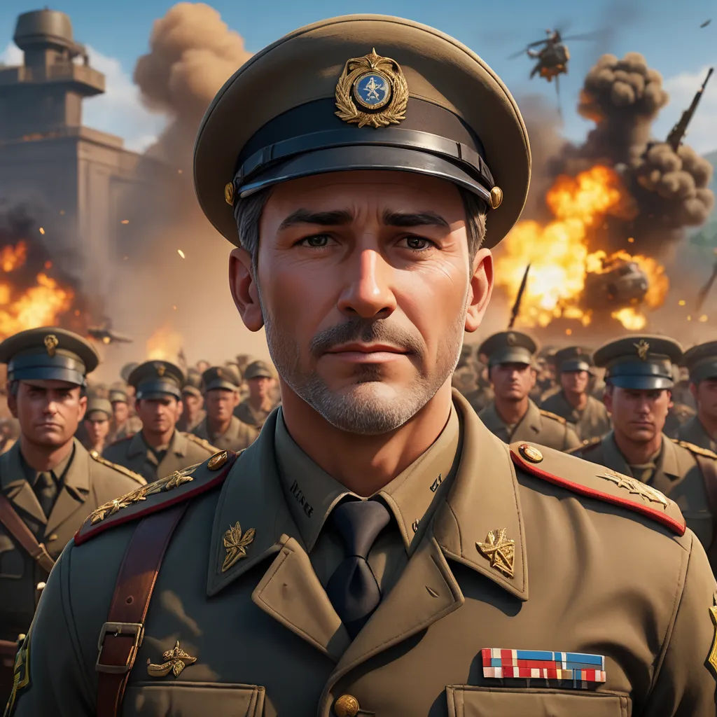 a man in a military uniform standing in front of a group of soldiers in front of a building with a fire, photorealism, computer graphics, Alejandro Burdisio, unreal engine highly rendered
