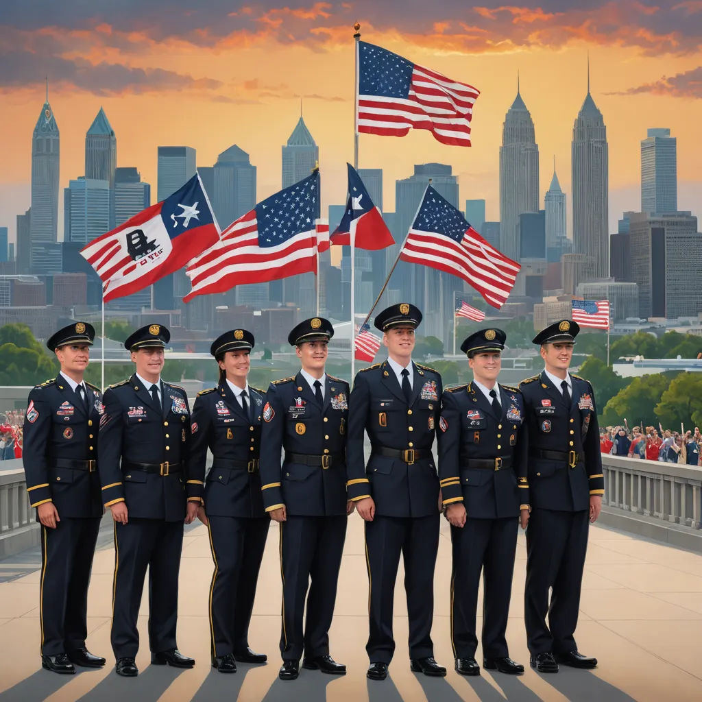 a group of military men standing next to each other in front of a city skyline with american flags in the foreground, american scene painting, a digital rendering, Brothers Hildebrandt, promotional image