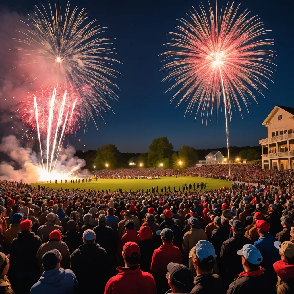 a large crowd of people watching fireworks on a field at night with a building in the background and a large crowd of people watching fireworks on the field, heidelberg school, a digital rendering, Art Fitzpatrick, award-winning photograph