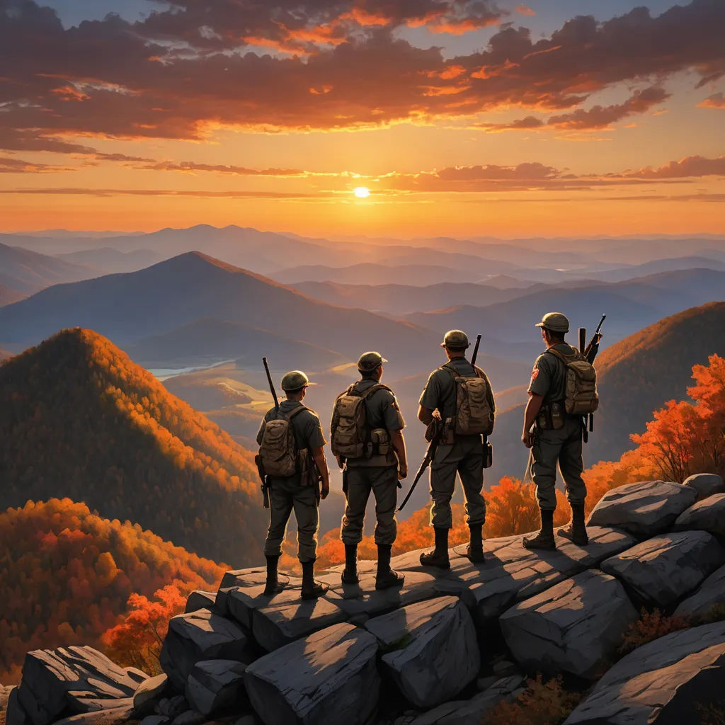 three soldiers standing on a rock overlooking a mountain range at sunset with the sun setting in the distance behind them, american scene painting, a detailed matte painting, Art Brenner, cinematic matte painting