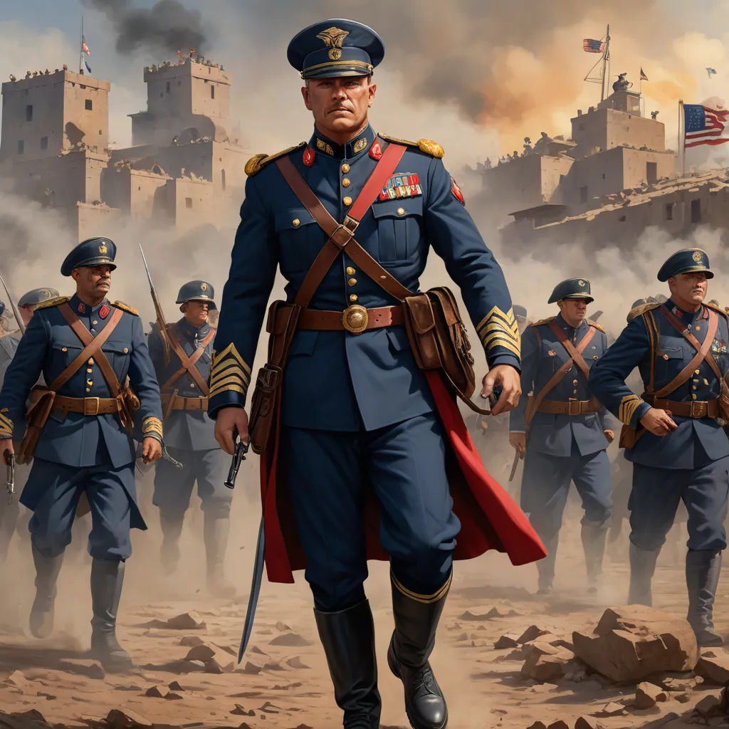 a painting of a man in uniform walking in front of a group of soldiers in uniform with a flag, sots art, concept art, Edwin Georgi, official art