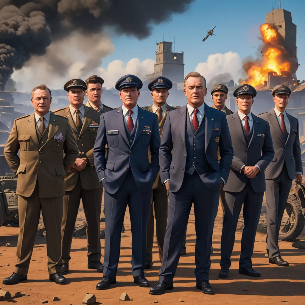 a group of men in suits standing in front of a factory with a plane in the background and a fire in the sky, renaissance, a detailed matte painting, Brothers Hildebrandt, promotional image