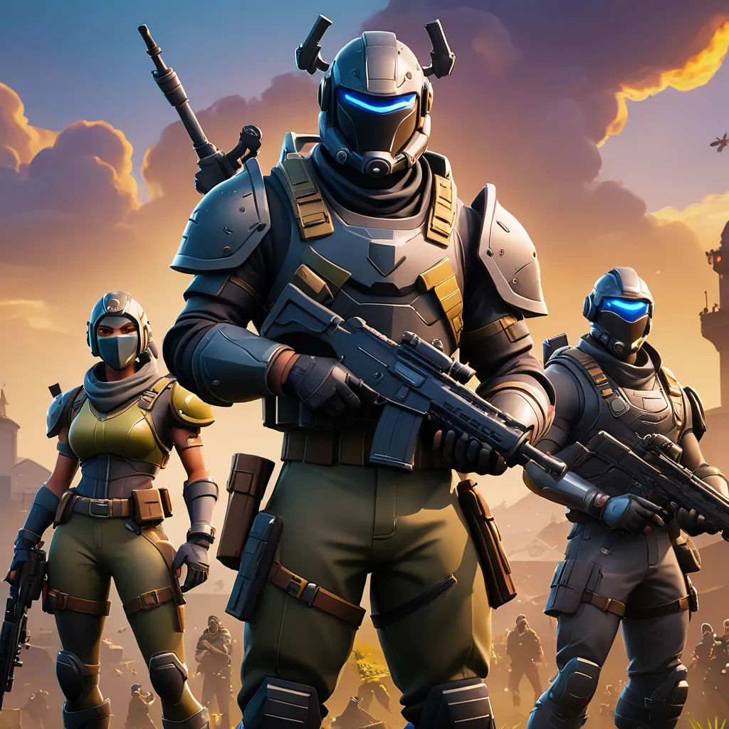 a group of people in a game with guns and helmets on, standing in front of a sunset background, antipodeans, computer graphics, Beeple, rpg