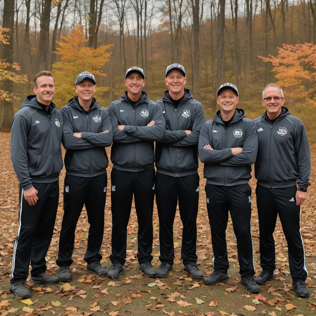 a group of men standing next to each other in a forest with leaves on the ground and trees in the background, vancouver school, a colorized photo, ESAO, professional photo