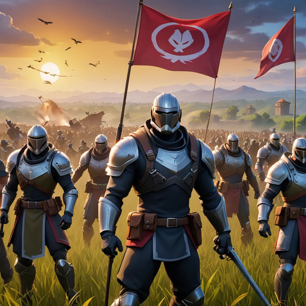 a group of knights standing in a field with flags and a flag in the background of the image is a sunset, antipodeans, concept art, Cornelisz Hendriksz Vroom, key art