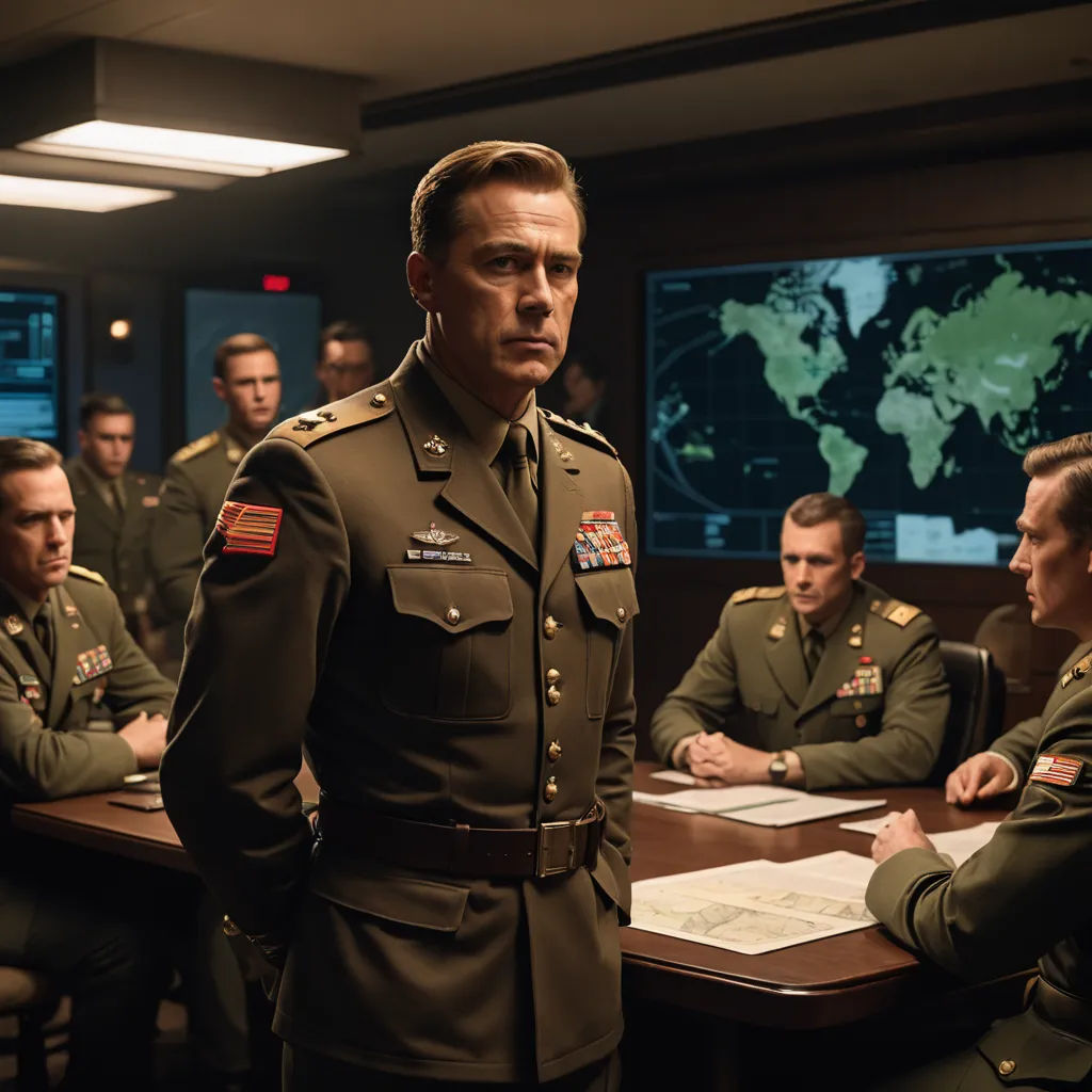 a group of men in military uniforms sitting around a table in a room with a map on the wall, unilalianism, a hologram, Aleksandr Gerasimov, movie still