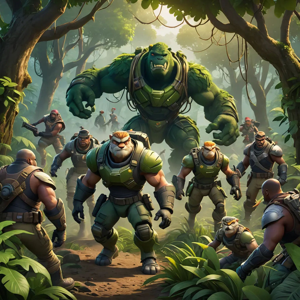 a group of people in a jungle with a giant monster in the background and a man in the foreground, sots art, concept art, Dom Qwek, key art