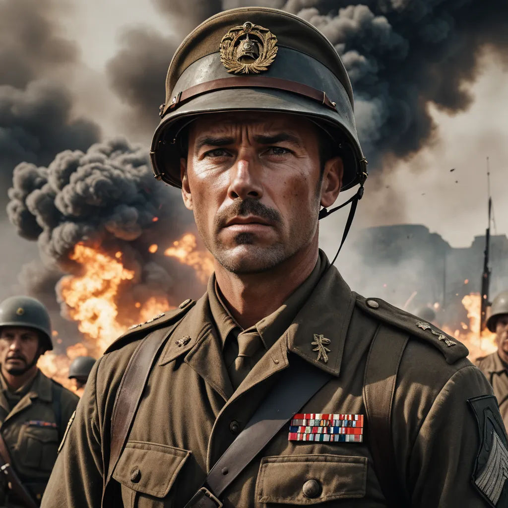 a man in a military uniform standing in front of a fire with smoke billowing out of the sky, serial art, a character portrait, Edward Otho Cresap Ord, II, promotional image