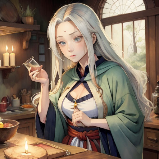 a woman in a green dress holding a candle in a kitchen with a candle lit candle in her hand