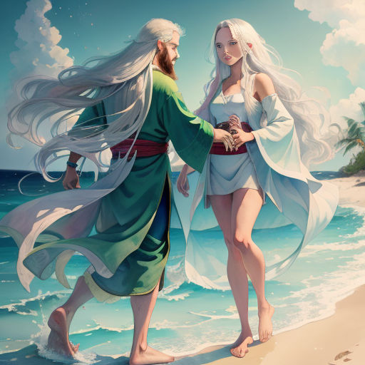 a painting of a man and a woman walking on the beach holding hands and looking at each other with a sky background