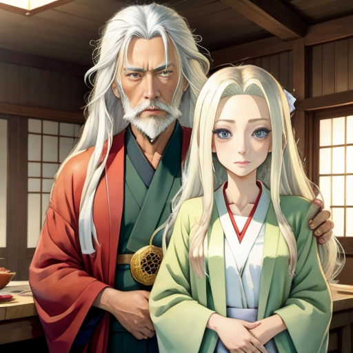 a man and woman standing next to each other in a room with a table and chairs and a wall