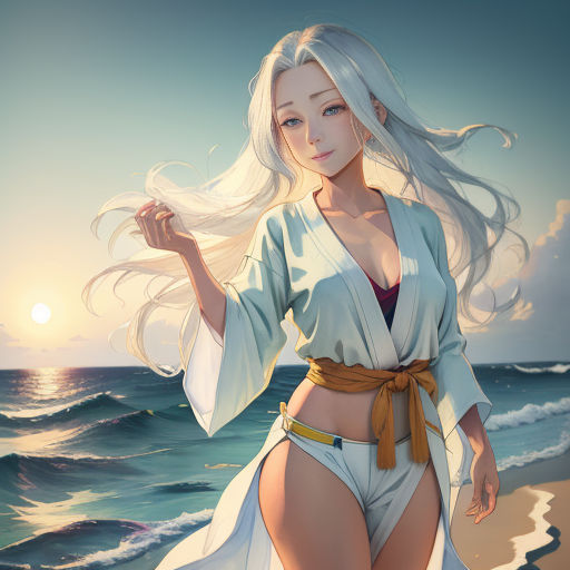 a woman in a white dress standing on a beach next to the ocean with her hair blowing in the wind