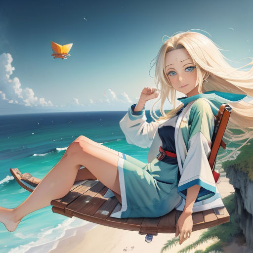 a woman sitting on a swing over the ocean with a kite flying above her head and a bird flying above her head