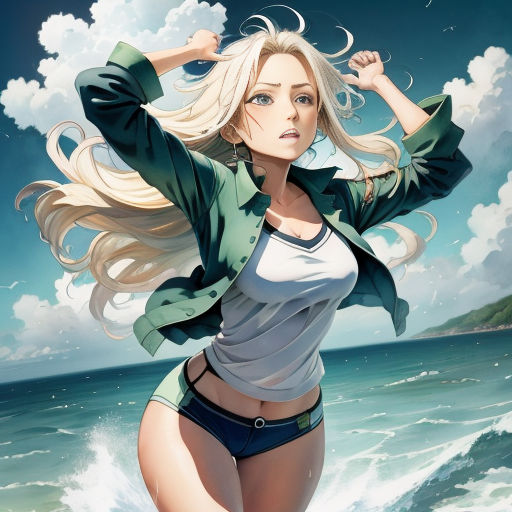 a woman in a bikini standing on a beach next to the ocean with her hair blowing in the wind