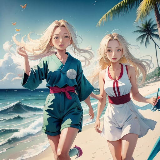 two women walking on a beach next to the ocean with umbrellas in hand and a bird flying above