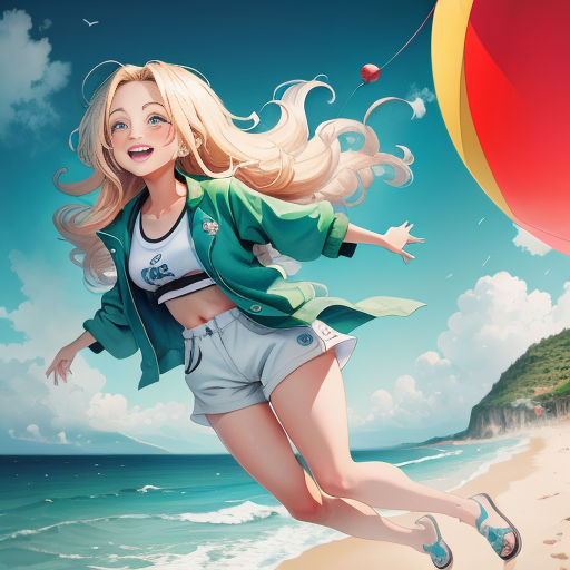 a woman flying a kite on top of a beach next to the ocean and a beach ball in the air