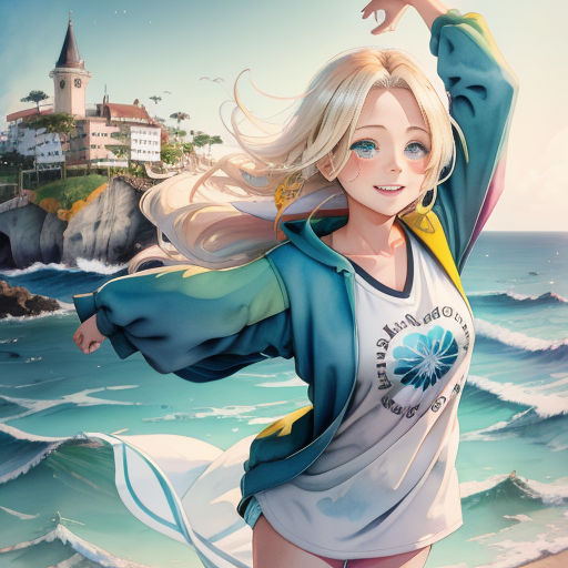 a woman standing on a beach next to the ocean with a castle in the background and a bird flying over her head