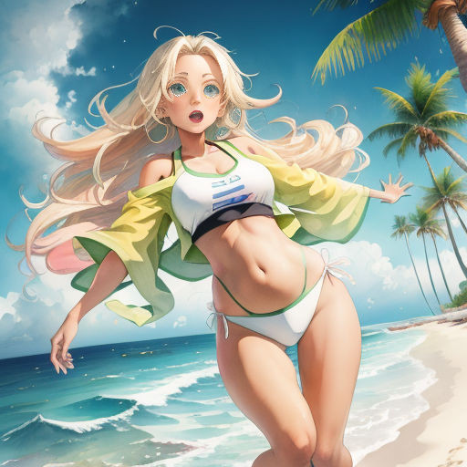 a woman in a bikini on a beach with palm trees and a blue sky in the background, with a fanciful hair blowing in the wind
