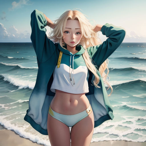 a woman in a bikini standing on a beach next to the ocean with a jacket over her head and a jacket over her head